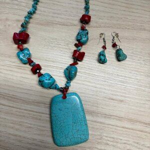 Vibrant Turquoise and coral necklace and earrings with sterling silver